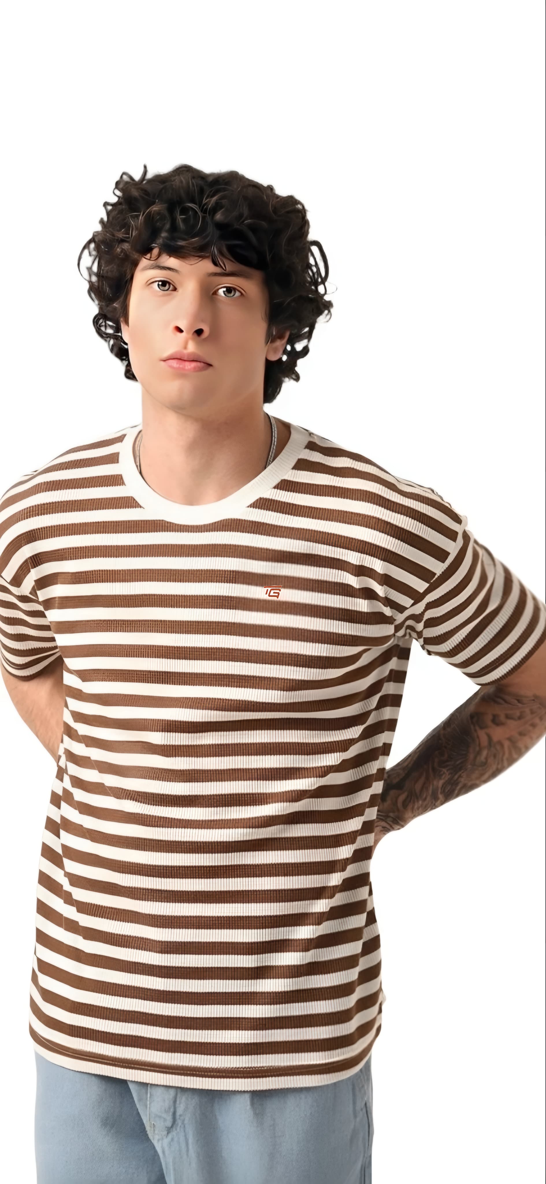 Round neck stripped tshirt -brown white 